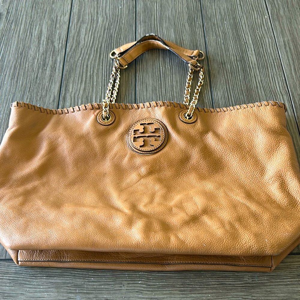 Brown camel  leather Tory Burch large purse 14” x 8”